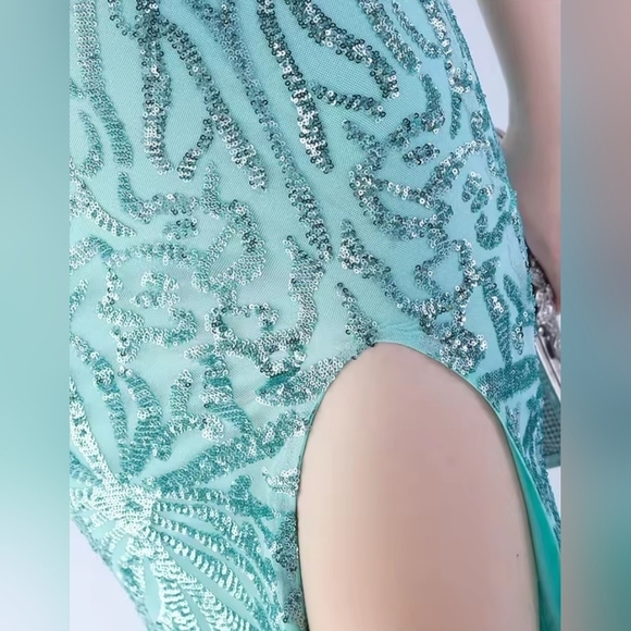Mint Green, Assymmetrical Feather BeadedNeck, Graphic, Slit Thigh, Sequined Gown - Picture 6 of 11